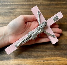 Load image into Gallery viewer, 8&quot; Pink Wood Wall Crucifix