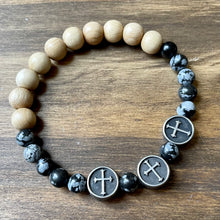 Load image into Gallery viewer, Wood &amp; Snowflake Obsidian Bead Rosary Bracelet - Men