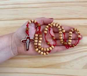 Red Paracord Wood Natural Beads Rosary