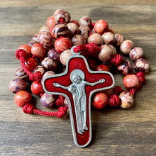Load image into Gallery viewer, Red Paracord Wood Multicolored Beads Rosary