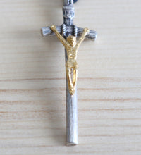 Load image into Gallery viewer, Aqua Paracord - Cream Acrylic Cross & Steel Gold Bead Rosary