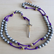 Load image into Gallery viewer, Purple Paracord Gray &amp; Gold Steel Bead Rosary