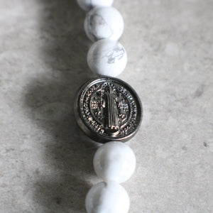 White Howlite and St Benedict Medal Rosary Bracelet - Women