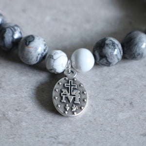 Silver Crazy Lace Agate and White Howlite Rosary Bracelet - Women