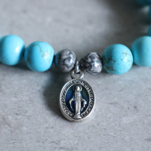 Turquoise Blue Magnesite and Silver Crazy Lace Agate Rosary Bracelet - Women