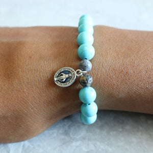 Turquoise Blue Magnesite and Silver Crazy Lace Agate Rosary Bracelet - Women