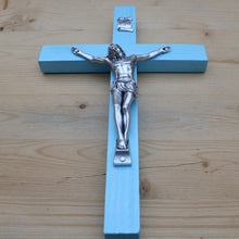 Load image into Gallery viewer, 8&quot; Aqua Wood Wall Crucifix