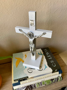 8.5" White Wood Standing Crucifix