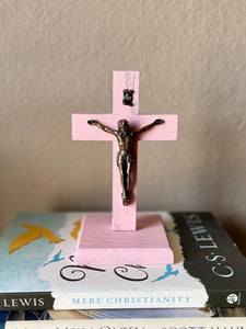 5.5" Pink Wood Standing Crucifix