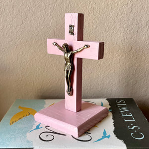 5.5" Pink Wood Standing Crucifix