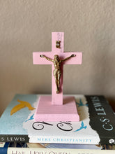 Load image into Gallery viewer, 5.5&quot; Pink Wood Standing Crucifix