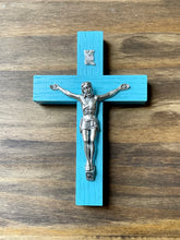 Load image into Gallery viewer, 5&quot; Aqua Wood Crucifix