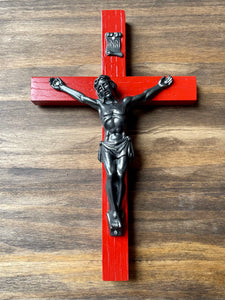8" Red Wood Wall Crucifix