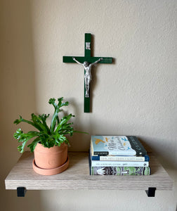 13" Green Wood Wall Crucifix