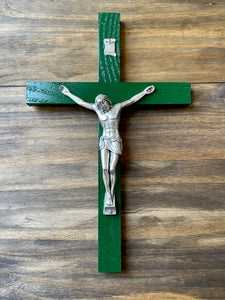 11" Green Wood Wall Crucifix