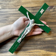 Load image into Gallery viewer, 11&quot; Green Wood Wall Crucifix