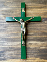 Load image into Gallery viewer, 13&quot; Green Wood Wall Crucifix