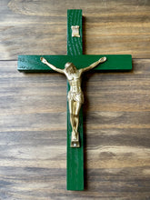 Load image into Gallery viewer, 11&quot; Green Wood Wall Crucifix