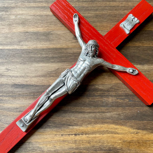 13" Red Wood Wall Crucifix