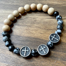 Load image into Gallery viewer, Wood &amp; Snowflake Obsidian Bead Rosary Bracelet - Men