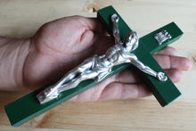 Load image into Gallery viewer, 8" Green Wood Wall Crucifix