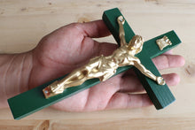 Load image into Gallery viewer, 8" Green Wood Wall Crucifix