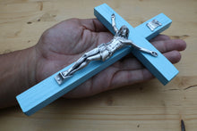 Load image into Gallery viewer, 8" Aqua Wood Wall Crucifix
