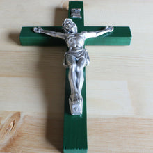 Load image into Gallery viewer, 8&quot; Green Wood Wall Crucifix