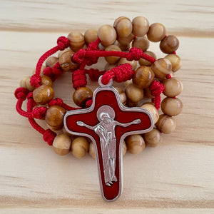 Red Paracord Wood Natural Beads Rosary