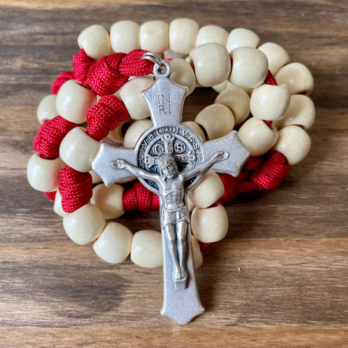 XL Cream & Red Paracord Wood Bead Rosary