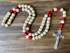 XL Cream & Red Paracord Wood Bead Rosary