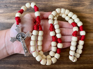 XL Cream & Red Paracord Wood Bead Rosary