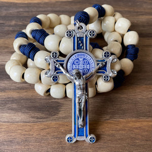 XL Blue Paracord Cream Wood Bead Rosary