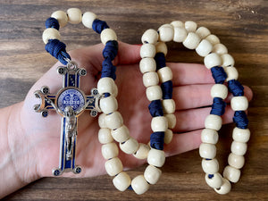 XL Blue Paracord Cream Wood Bead Rosary