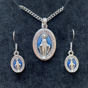 Blue Miraculous Medal Necklace and Dangle Earrings Set