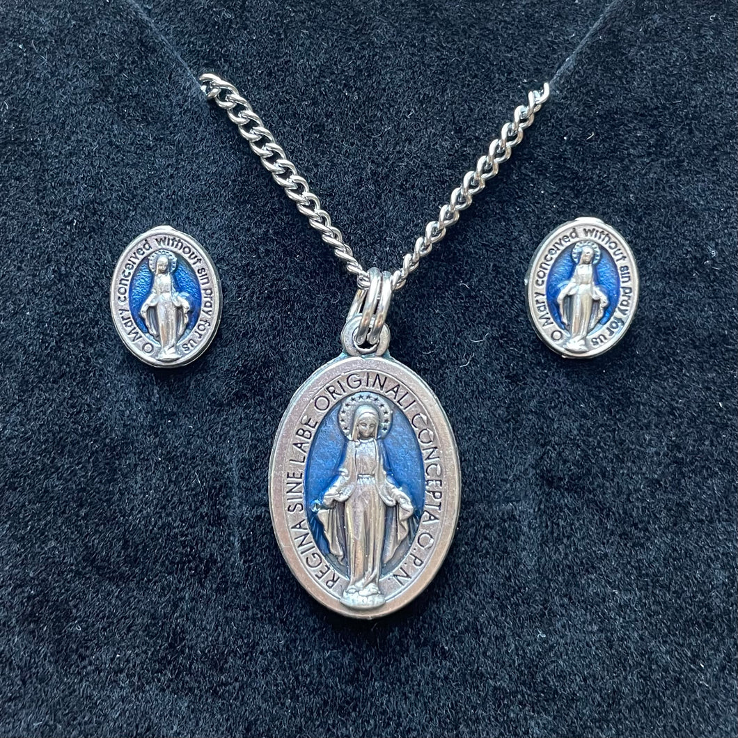 Blue Miraculous Medal Necklace and Stud Earrings Set