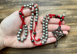 Red Paracord Silver Steel Beads Rosary