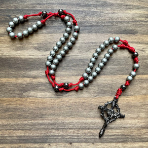 Red Paracord Silver Steel Beads Rosary