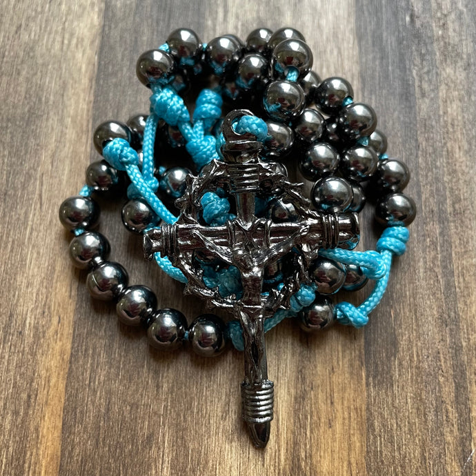 Aqua Paracord Black Steel Beads Rosary