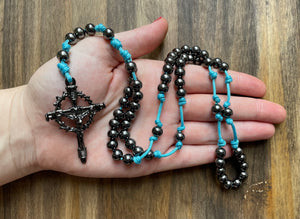 Aqua Paracord Black Steel Beads Rosary