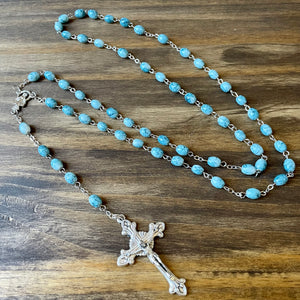 Oval Light Blue Glass Marbleized Bead Rosary
