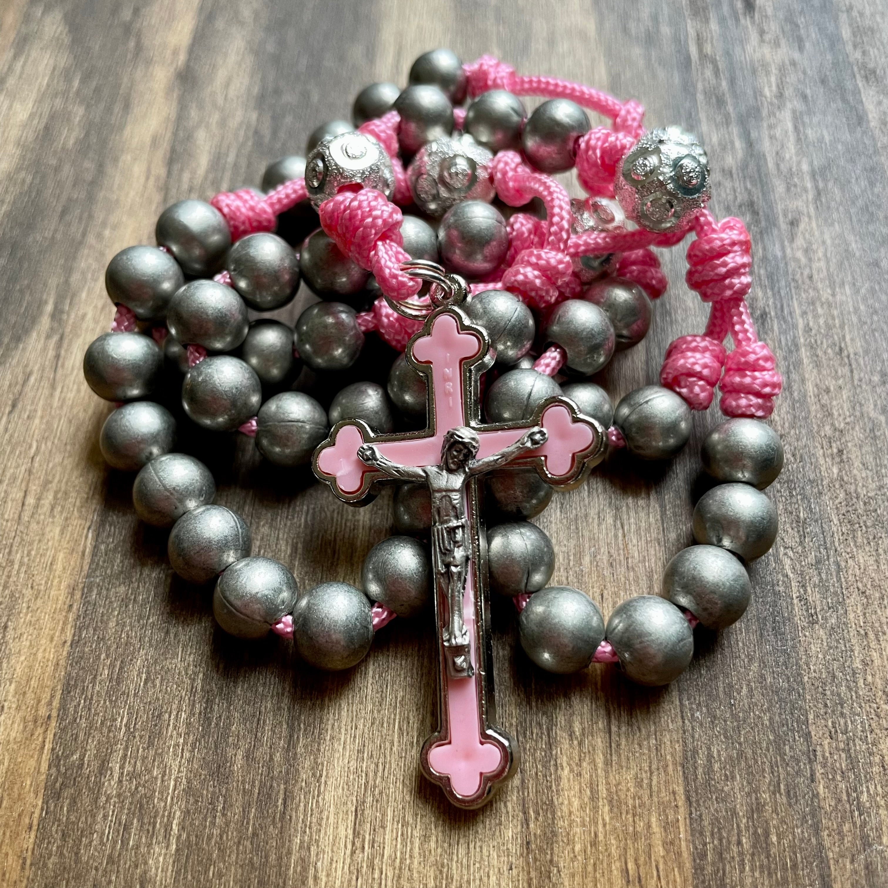 Pink Paracord Silver Steel Beads Rosary - Main Image
