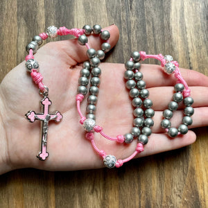Pink Paracord Silver Steel Beads Rosary