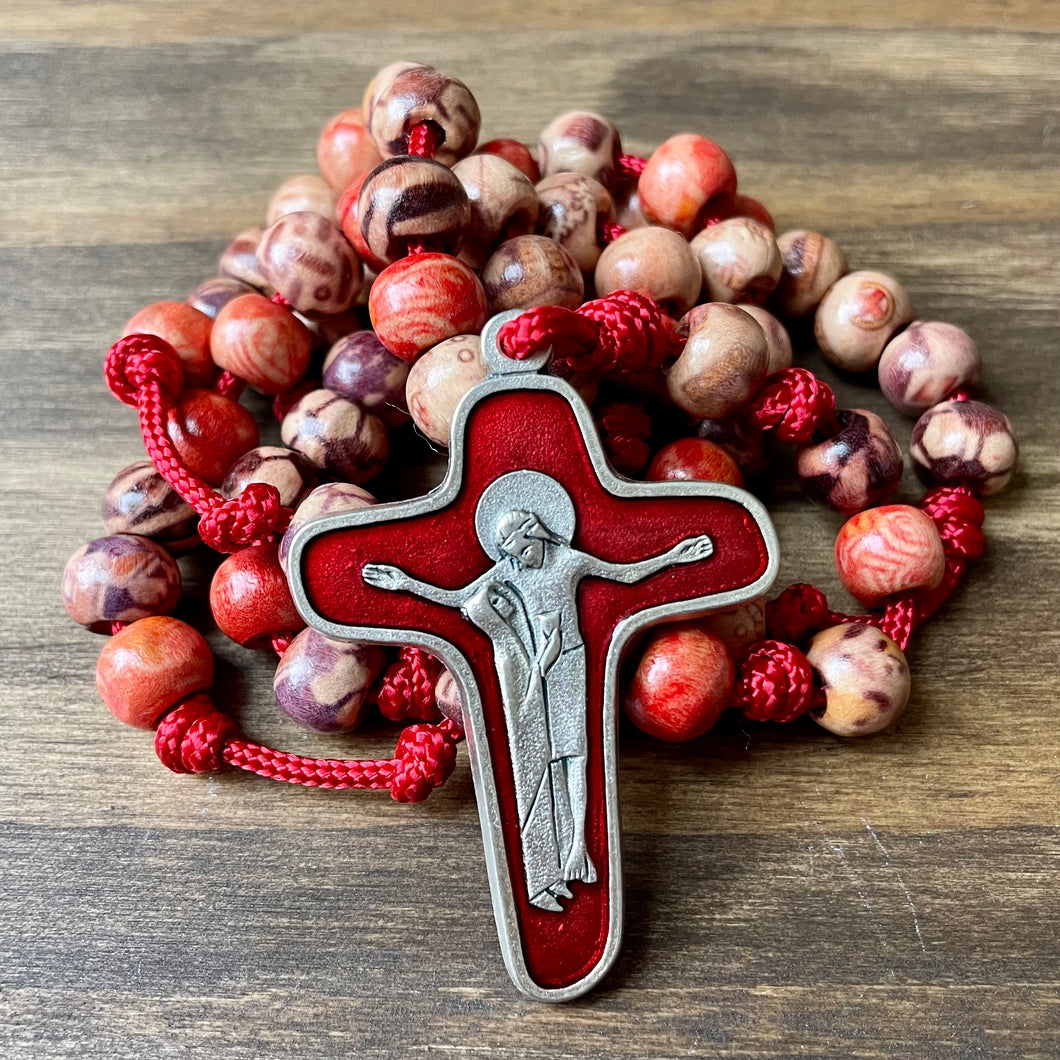 Red Paracord Wood Multicolored Beads Rosary