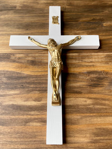 Large 17" White Wood Wall Crucifix