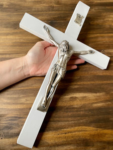 Large 17" White Wood Wall Crucifix