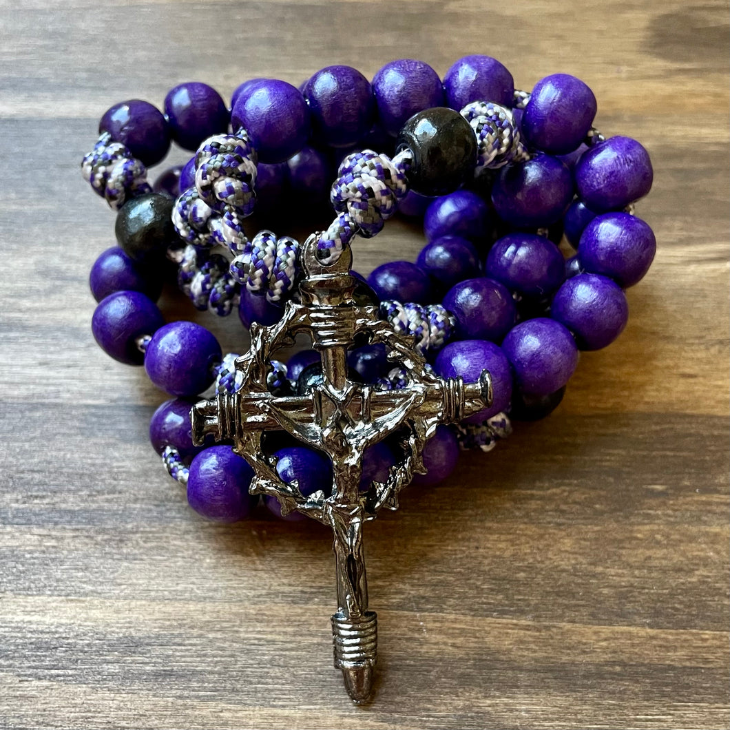 Purple Camo Paracord Purple/Black Wood Beads Rosary