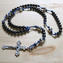 Load image into Gallery viewer, Blue Camo Paracord Black Steel Beads Rosary