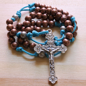 Aqua Blue Paracord Copper Steel Beads Rosary