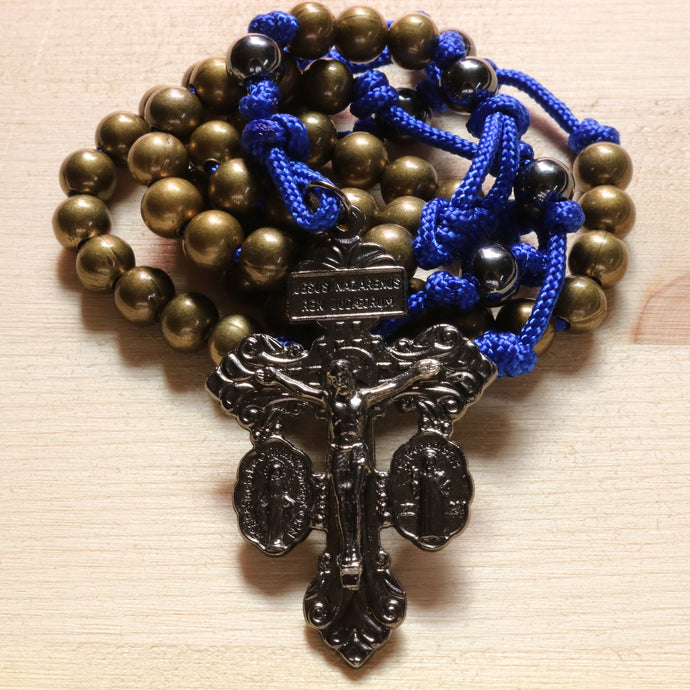 Electric Blue Paracord Bronze Steel Beads Rosary
